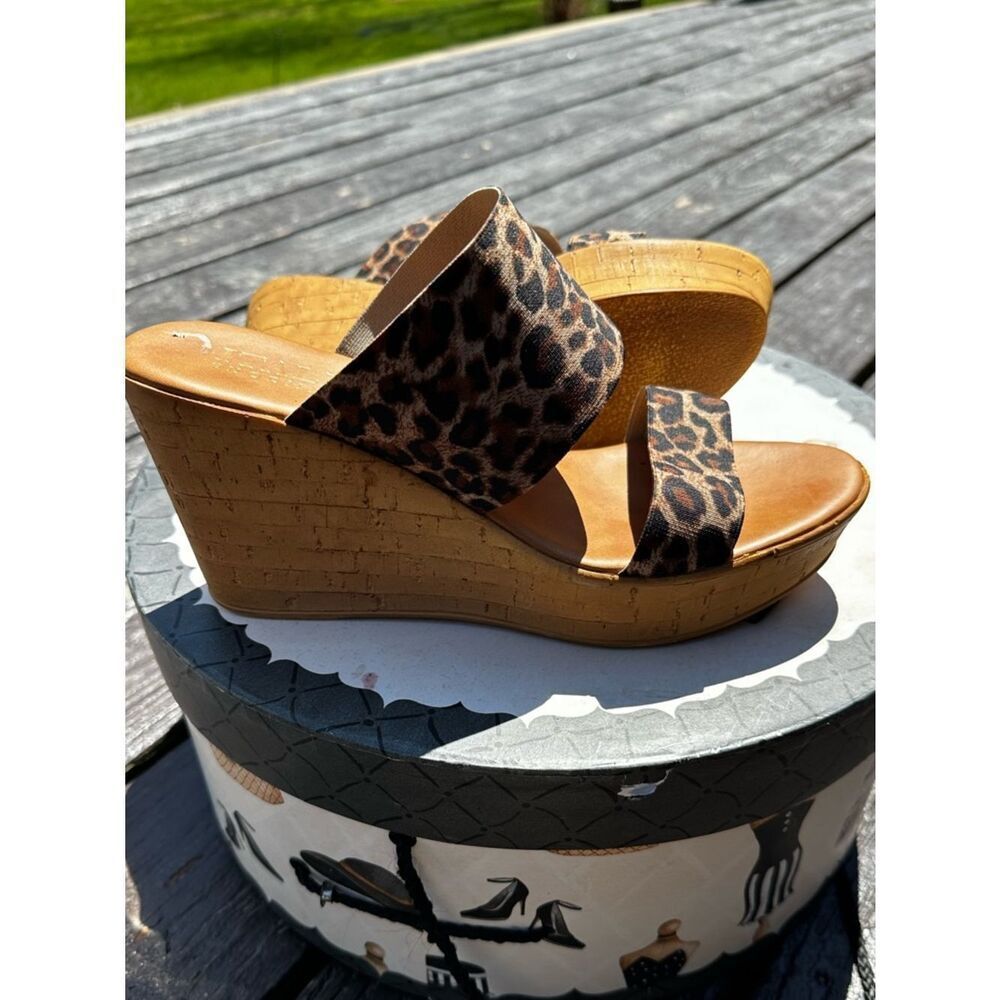 Italian Shoemakers Leopard-Print Cork Wedge Slides